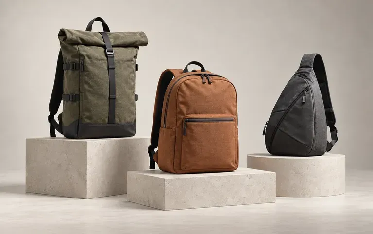 Three backpack directions laid out for a client review