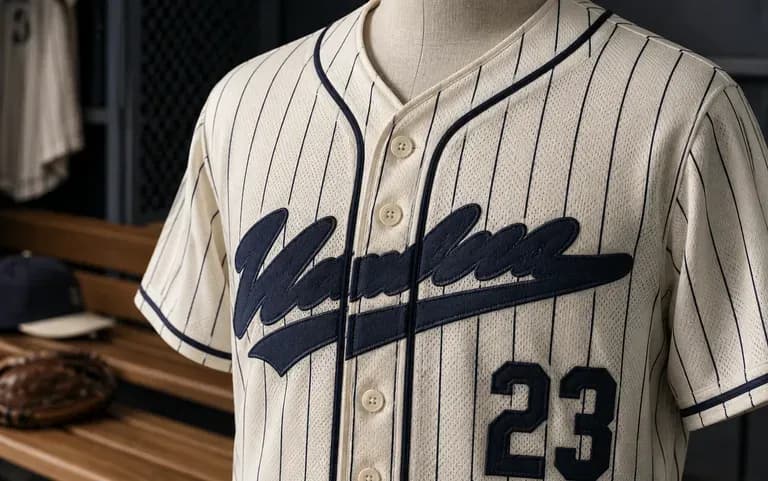 Navy pinstripes on a cream baseball jersey