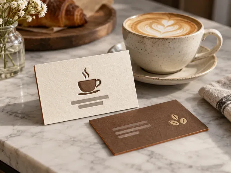 Café Cards: warm tones and a coffee cup mark