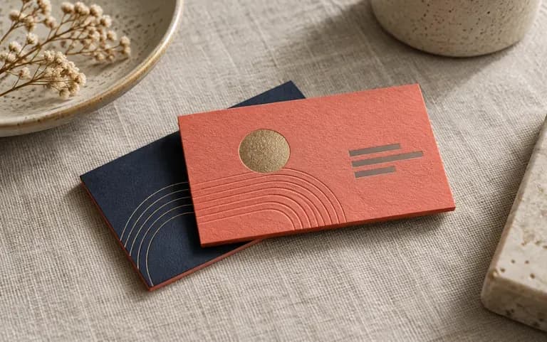 A card design in a studio's coral and navy