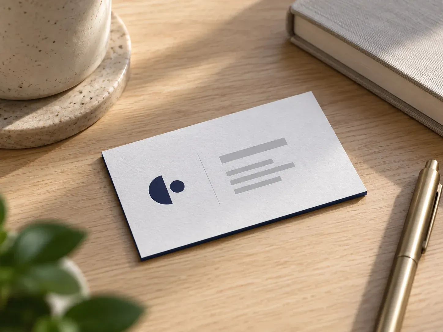 A minimal business card preview with a navy logo