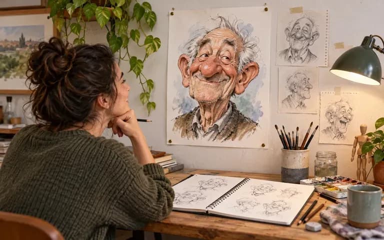 An exaggerated portrait used as drawing reference