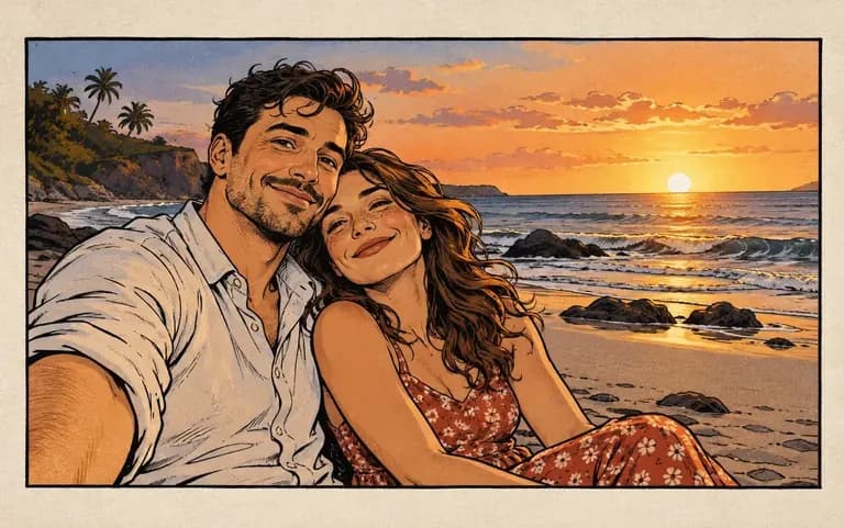 An anniversary photo redrawn as a comic panel