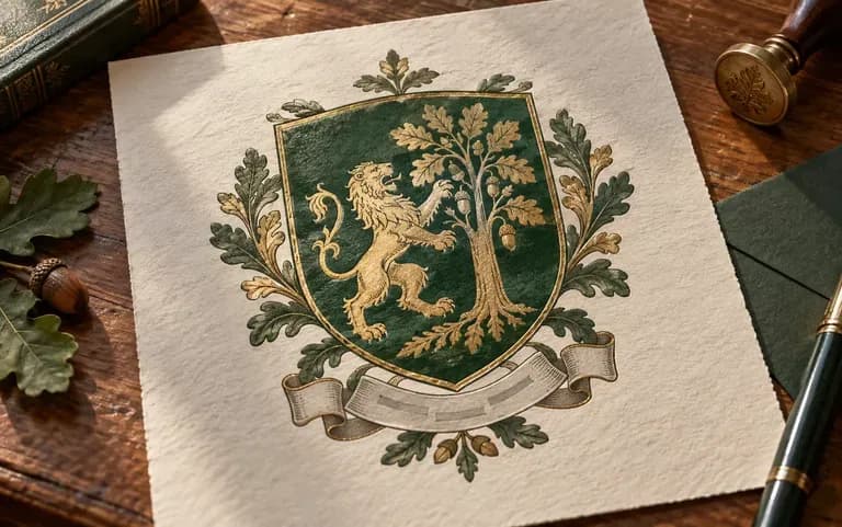 A crest built around a lion and an oak