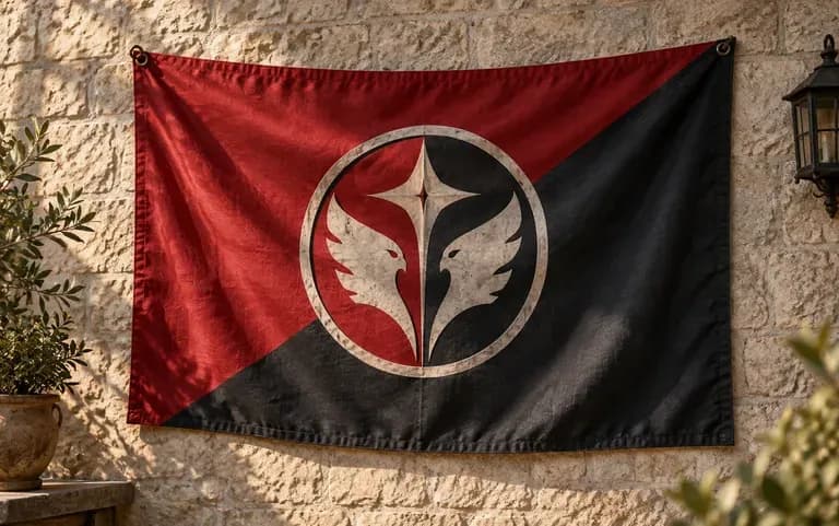 A club crest set in the center of a two-color flag
