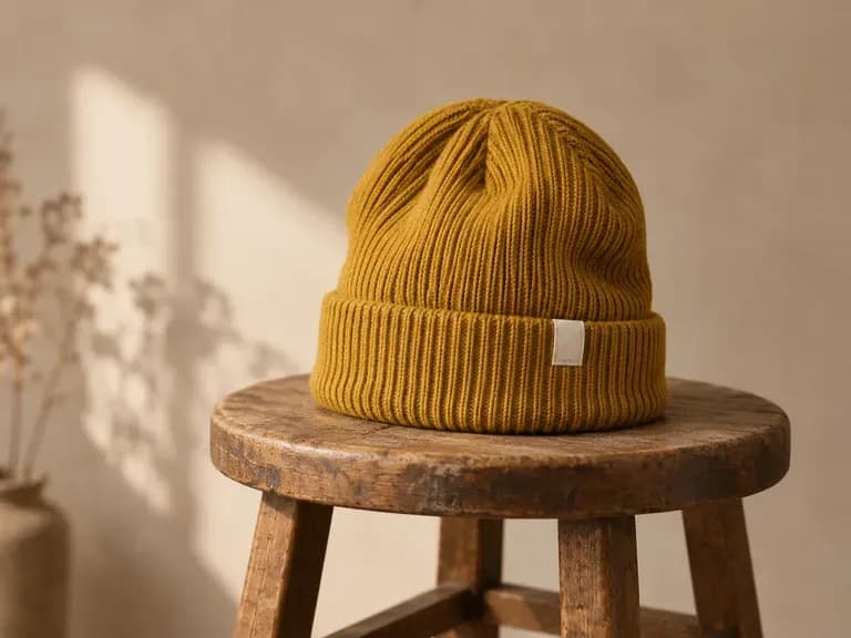 Cuffed Beanies: knit hats with a woven label on the cuff