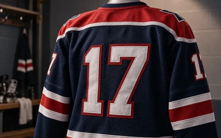 Números de sarga aplicada en capas en la espalda de una camiseta de hockey
