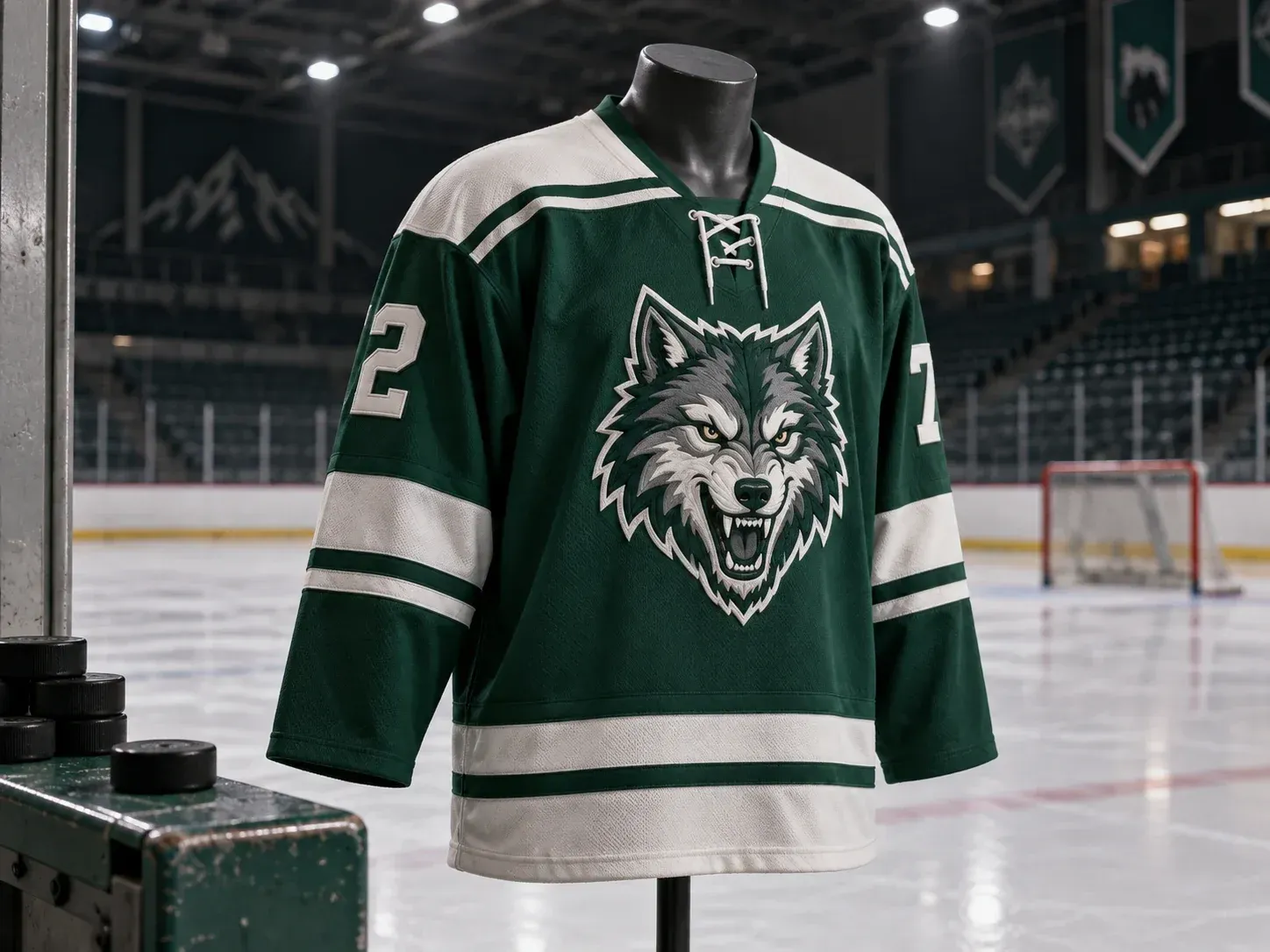Camiseta de hockey verde bosque y blanca con un escudo de lobo en el pecho