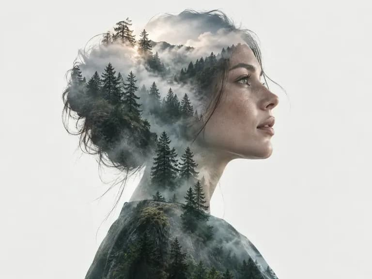 Un retrato y un bosque fusionados en una imagen de doble exposición