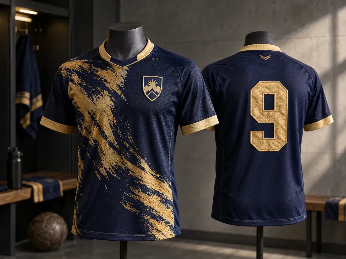 A navy and gold soccer shirt carrying a club crest and the number 9