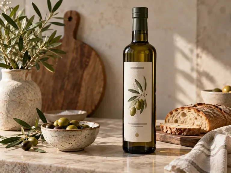 Olive Oil Labels: quiet type on a tall bottle