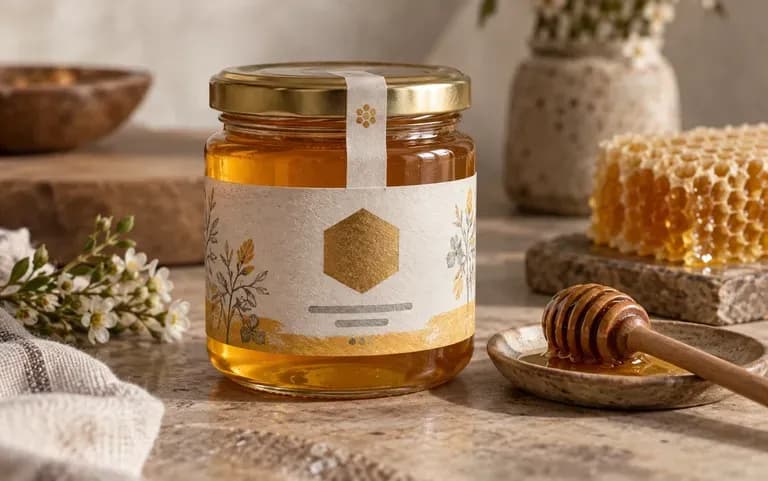 A small-batch honey brand's logo on a jar label