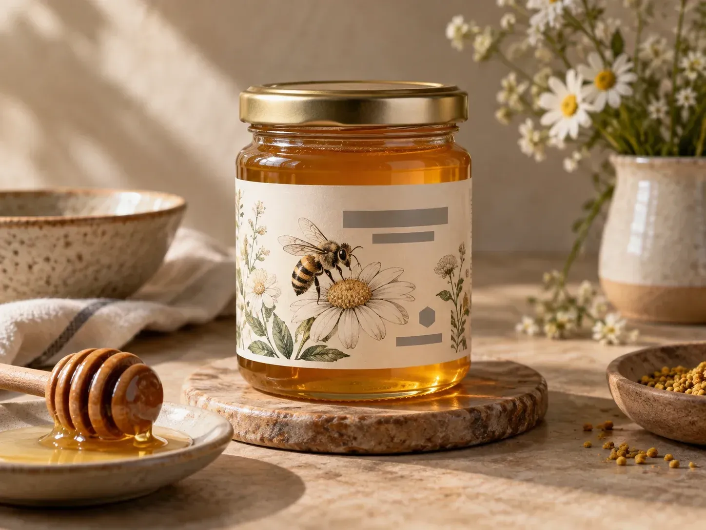 A honey jar label drawn from a product name and a style