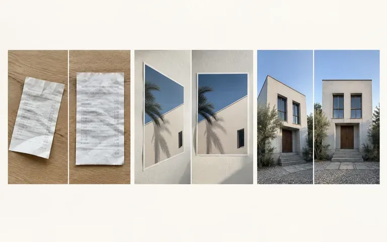 A receipt, a poster and a building, each squared up