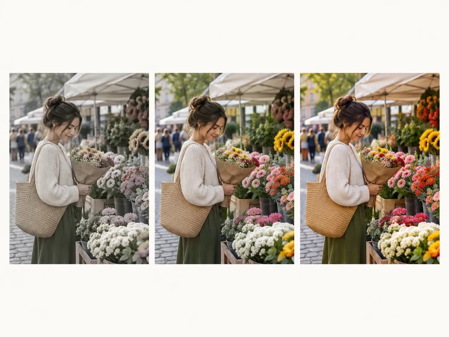 One photo at low, normal and high saturation