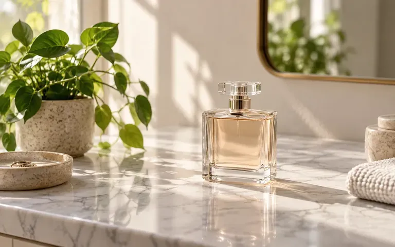 A perfume bottle placed on a marble counter
