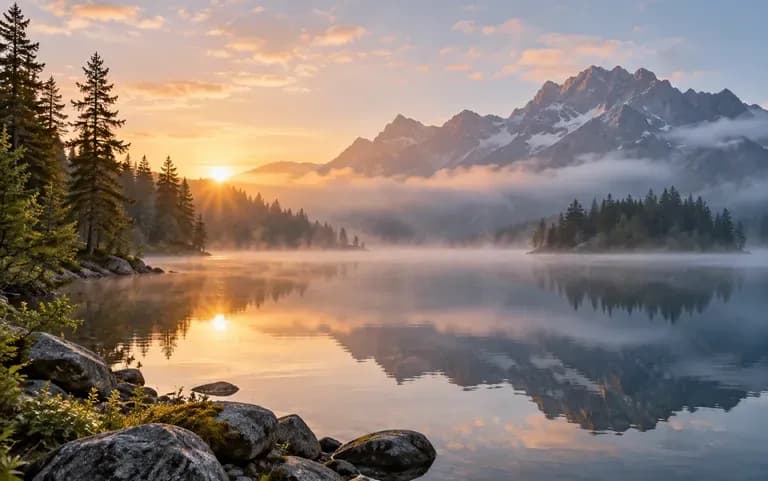 A misty mountain lake made from a description