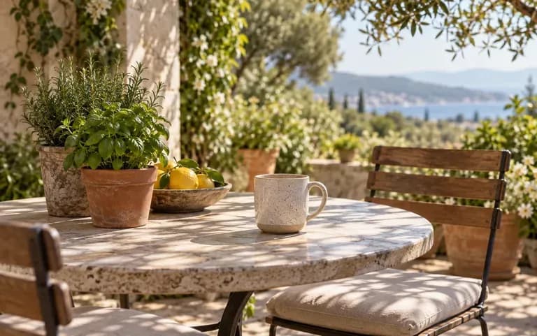 A mug on a sunlit patio table