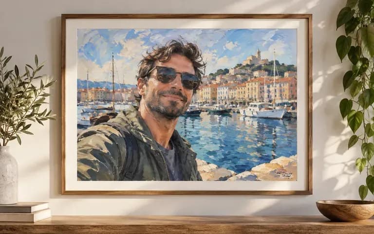 A travel selfie redrawn as a painting