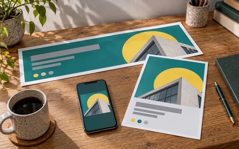 A post, a flyer and a banner sharing one brand kit