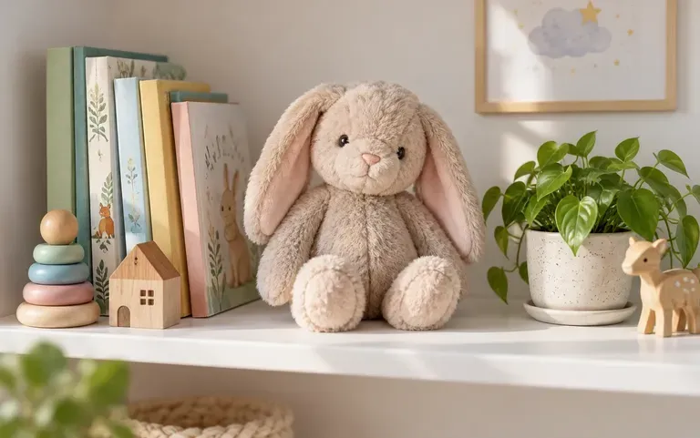 아기 방 선반에 놓인 봉제 인형