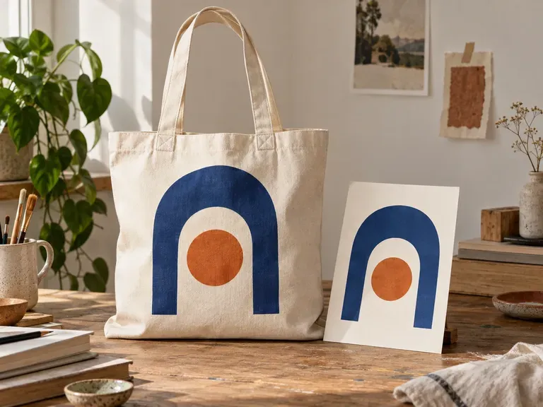 Merchandising de ilustraciones: una lámina artística preparada mostrada en una tote bag de lona