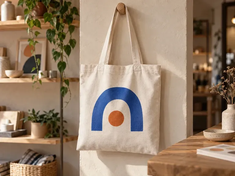 Vistas previas de branding para tiendas: el logotipo de una tienda presentado en una bolsa de transporte de lona