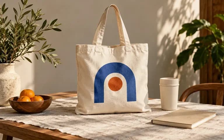 Una bolsa de lona de marca en una escena de merchandising de evento