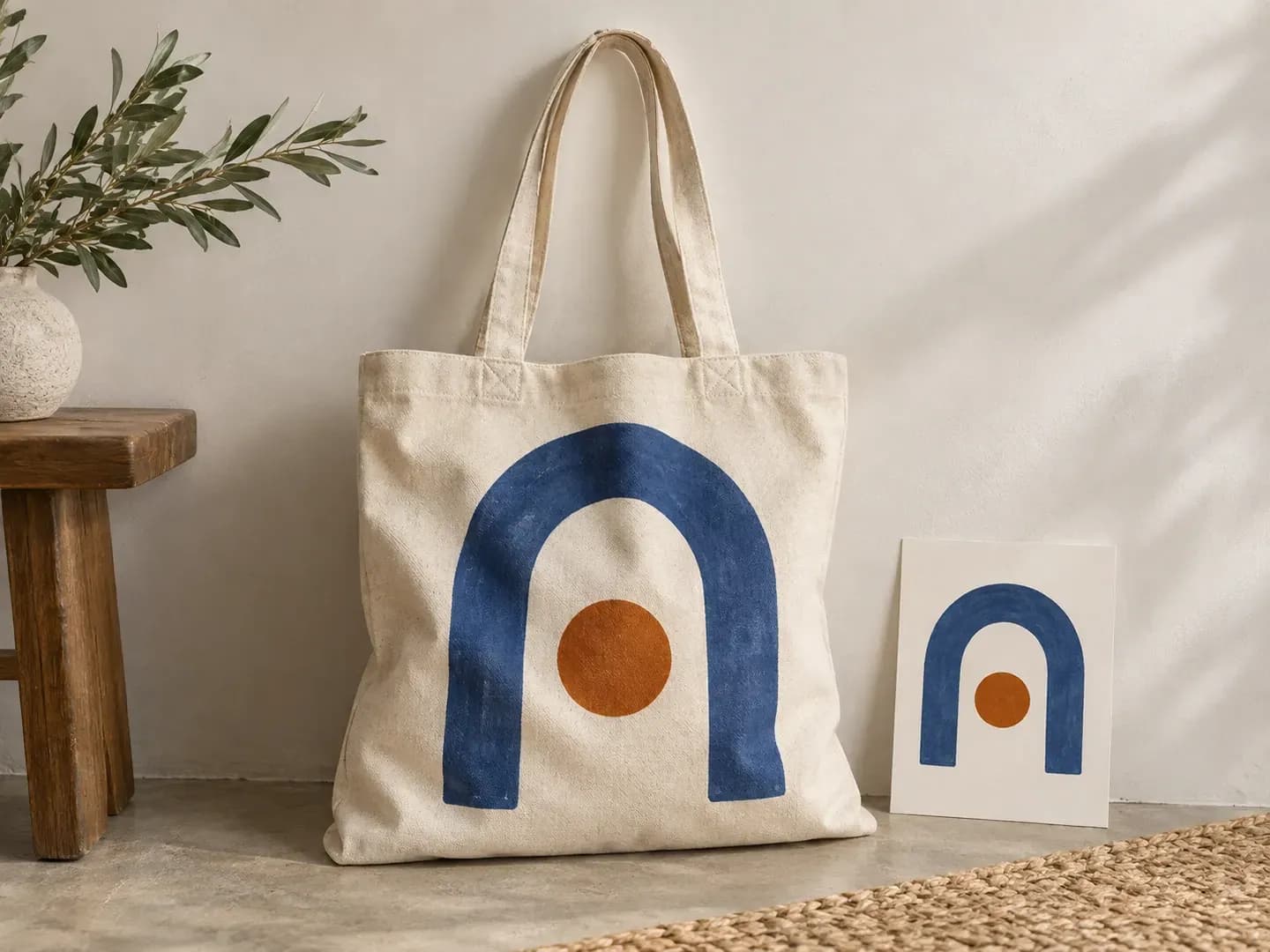 Una ilustración plana aplicada a una bolsa de lona con pliegues visibles