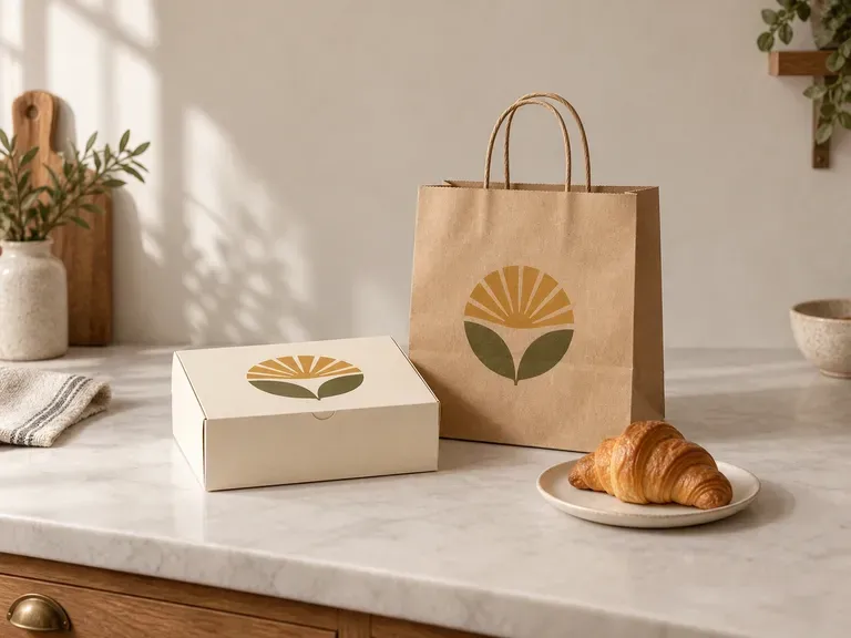 Conjuntos de envases de panadería: cajas para pasteles y bolsas para llevar mostradas con una misma identidad
