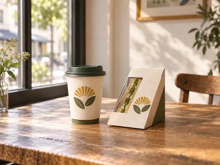 Conceptos de comida para llevar de cafetería: vasos y envases de comida dispuestos como un conjunto de marca