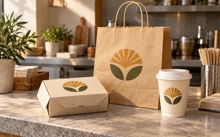 Presentación de caja, bolsa y vaso de un restaurante