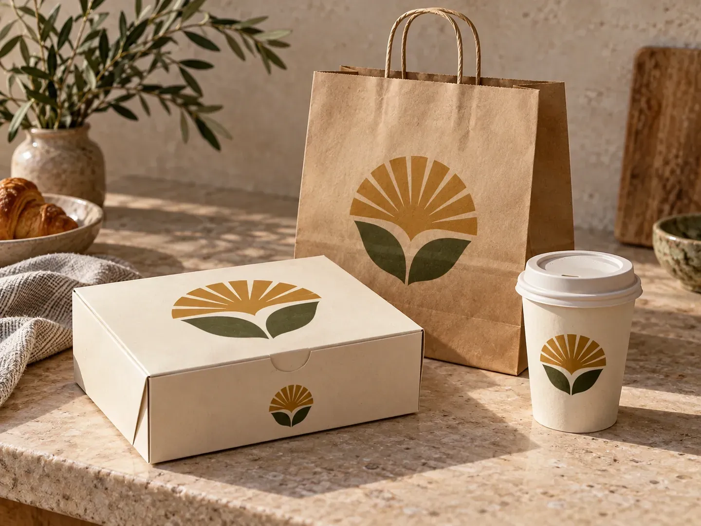Una marca de alimentación mostrada en una caja, una bolsa y un vaso