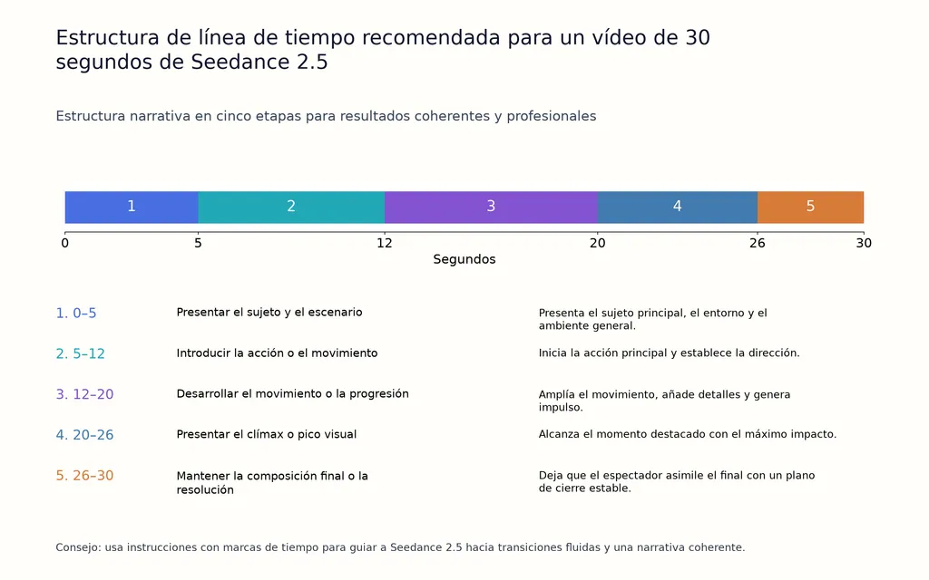 Estructura de línea de tiempo recomendada para un vídeo de 30 segundos de Seedance 2.5