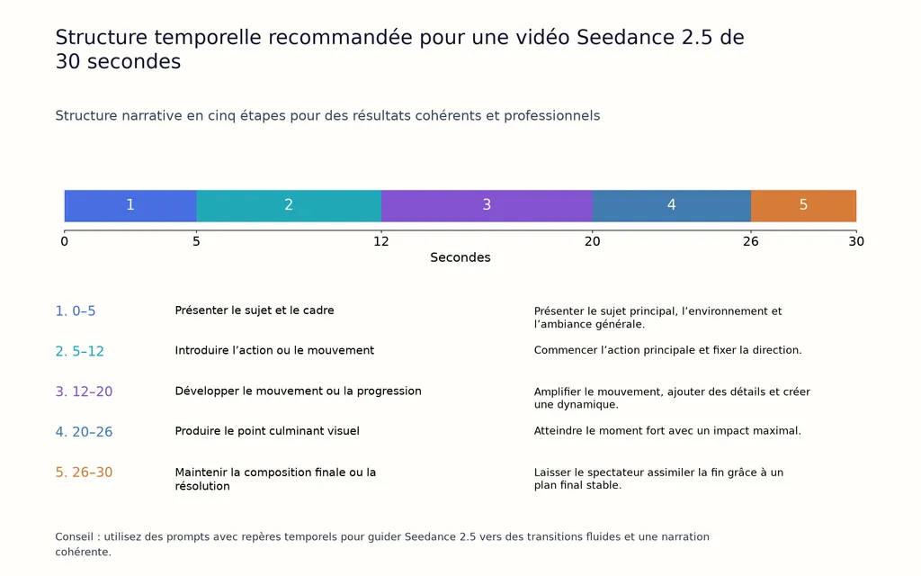 Structure temporelle recommandée pour une vidéo Seedance 2.5 de 30 secondes