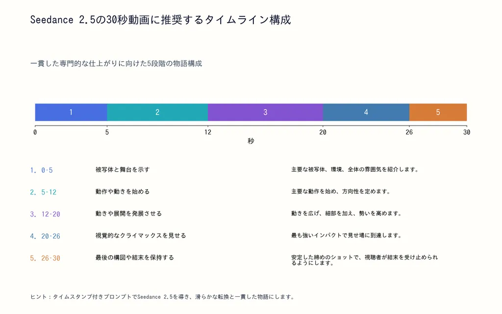 Seedance 2.5の30秒動画に推奨するタイムライン構成