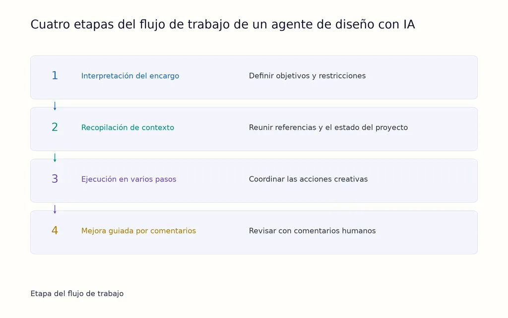 Cuatro etapas del flujo de trabajo de un agente de diseño con IA