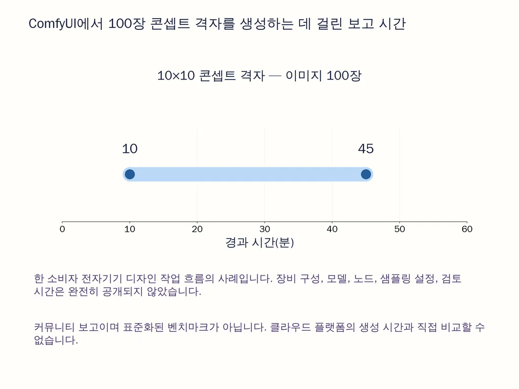 ComfyUI에서 100장 콘셉트 격자를 생성하는 데 걸린 보고 시간