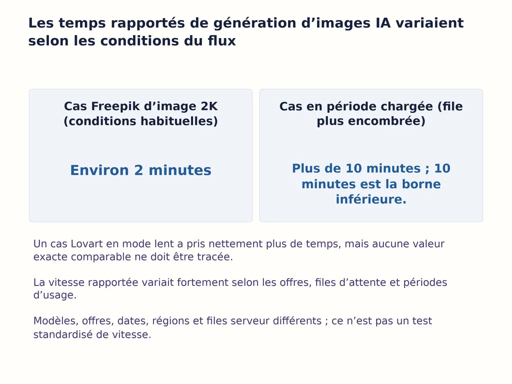 Les temps rapportés de génération d’images IA variaient selon les conditions du flux