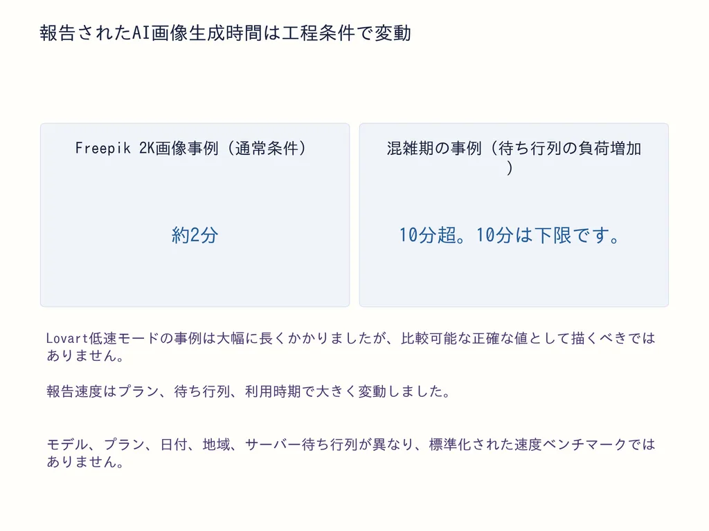 報告されたAI画像生成時間は工程条件で変動