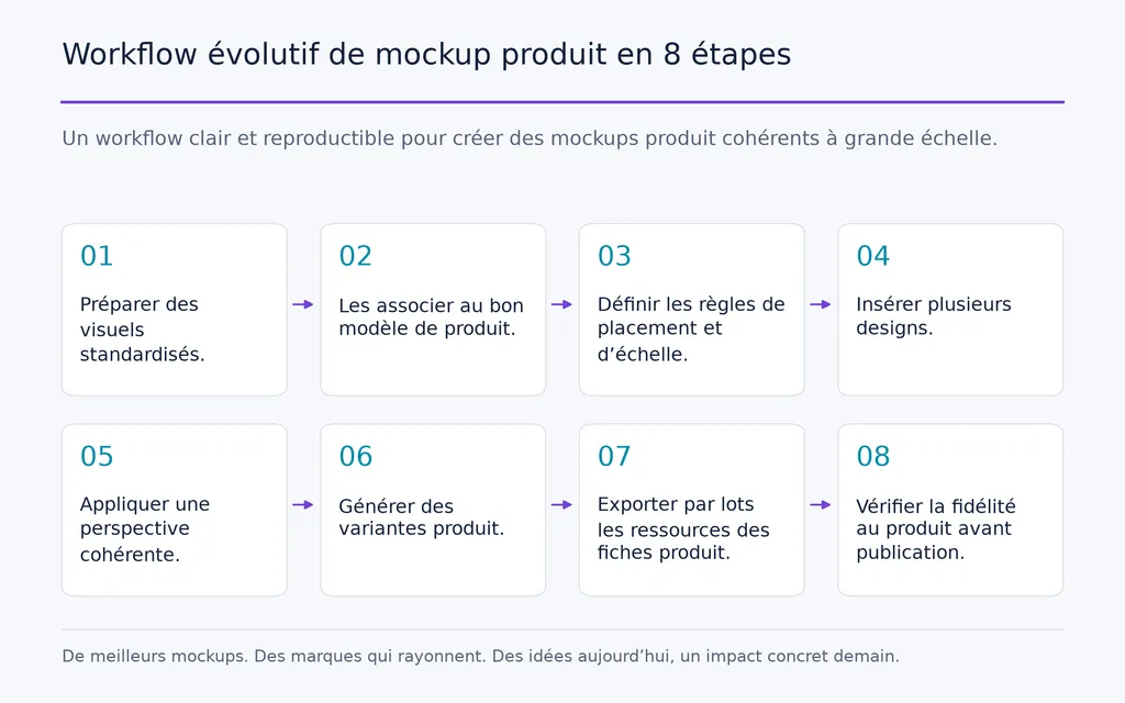 Workflow évolutif de mockup produit en 8 étapes