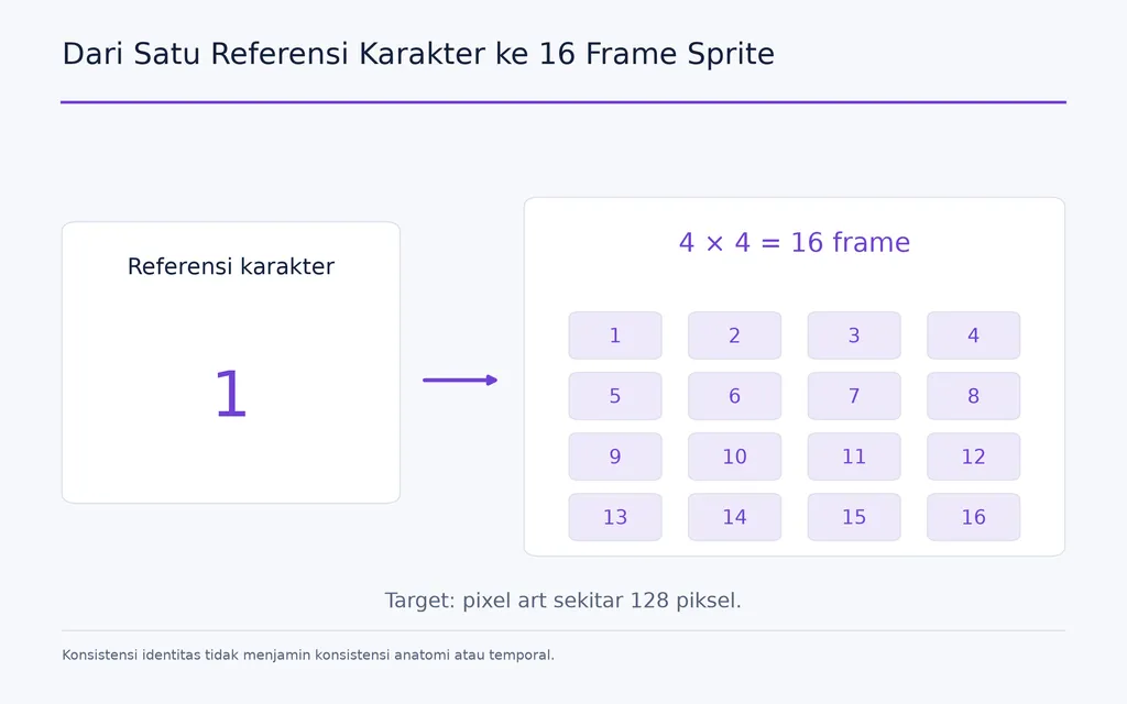 Dari Satu Referensi Karakter ke 16 Frame Sprite