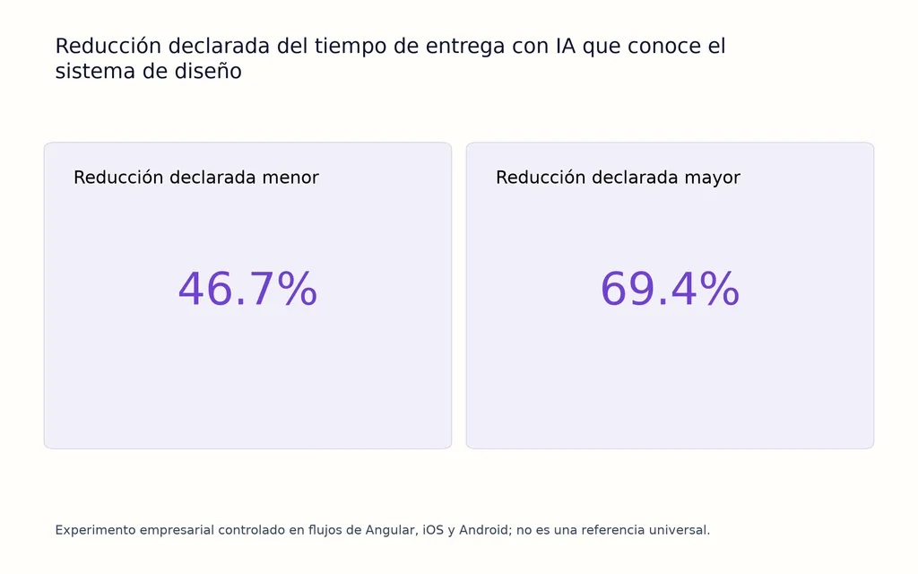 Reducción declarada del tiempo de entrega con IA que conoce el sistema de diseño