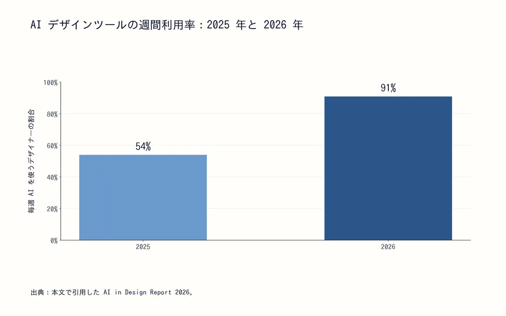 AI デザインツールの週間利用率:2025 年と 2026 年