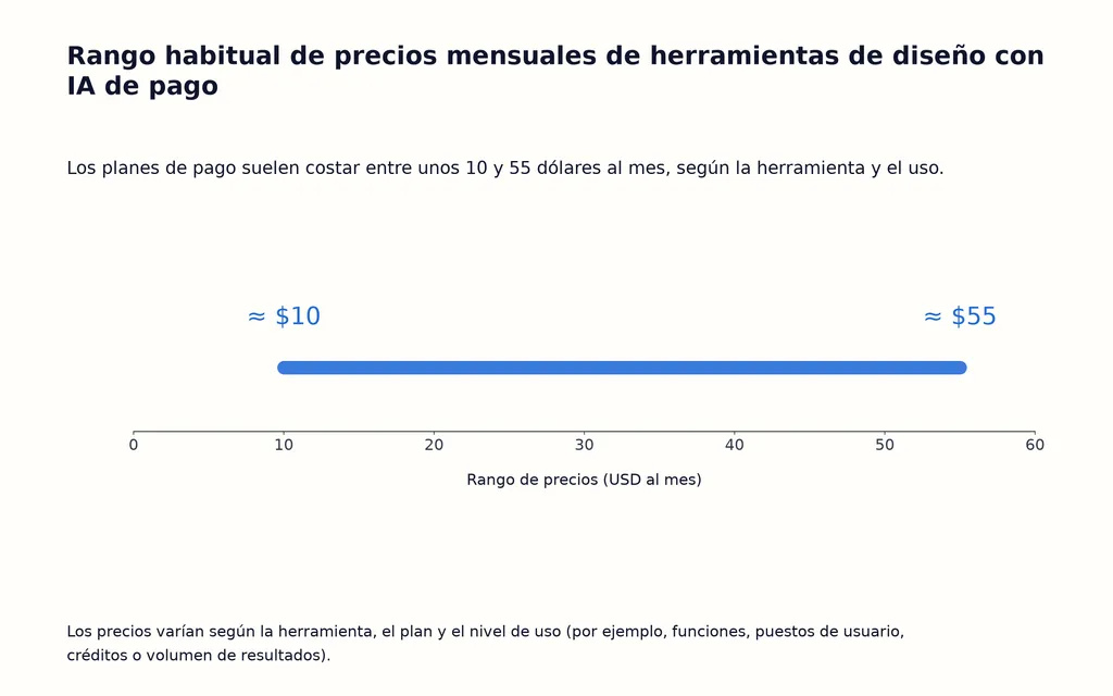 Rango habitual de precios mensuales de herramientas de diseño con IA de pago