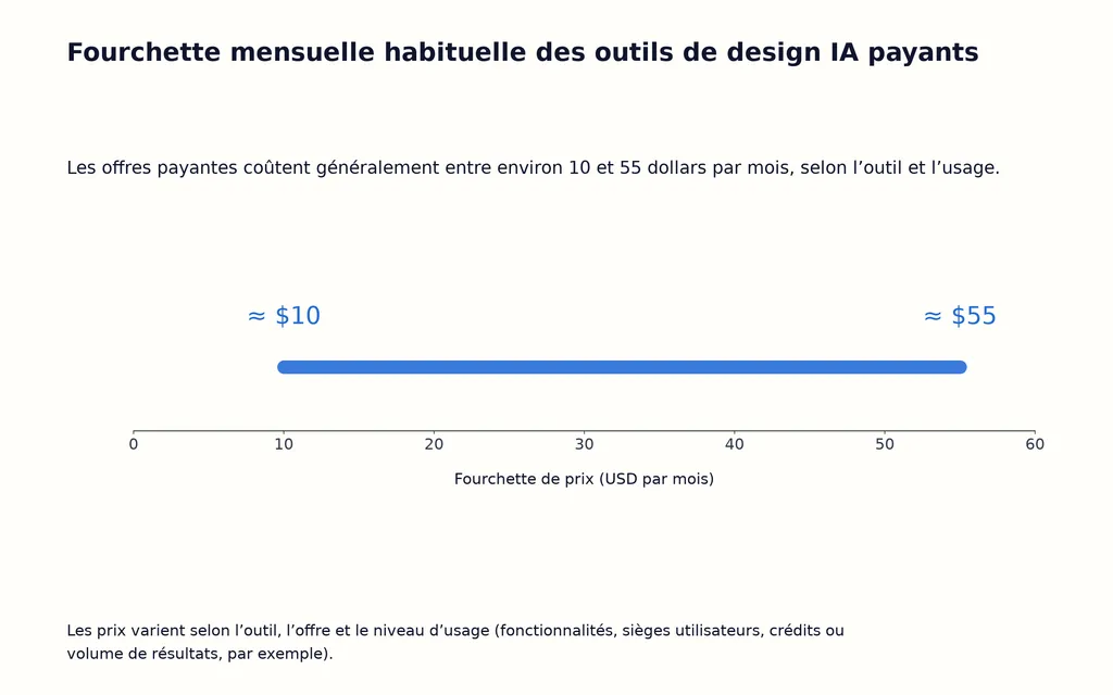Fourchette mensuelle habituelle des outils de design IA payants