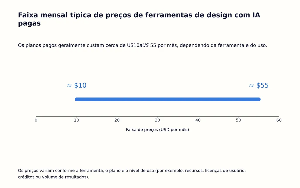 Faixa mensal típica de preços de ferramentas de design com IA pagas