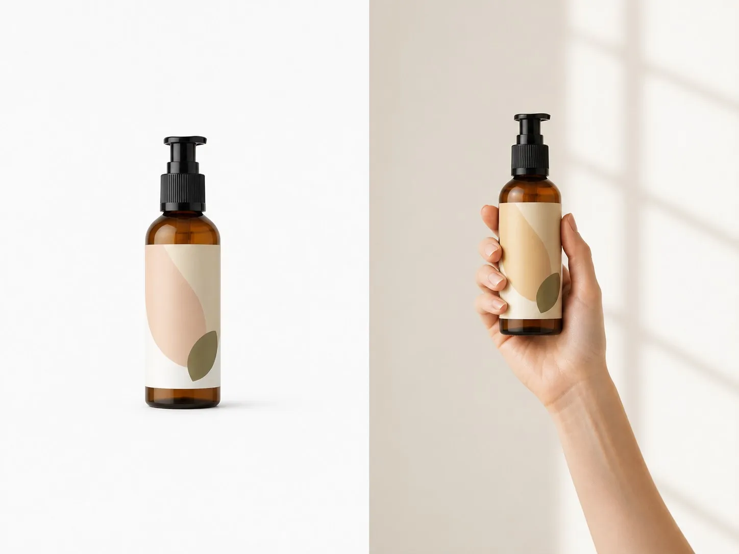 Foto produk perawatan kulit polos di kiri dan botol sama dipegang model di kanan